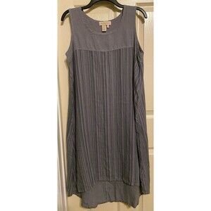 Blue Gray Stripe Sleeveless 100% Linen Dress A-line Midi Large Lagenlook Boho